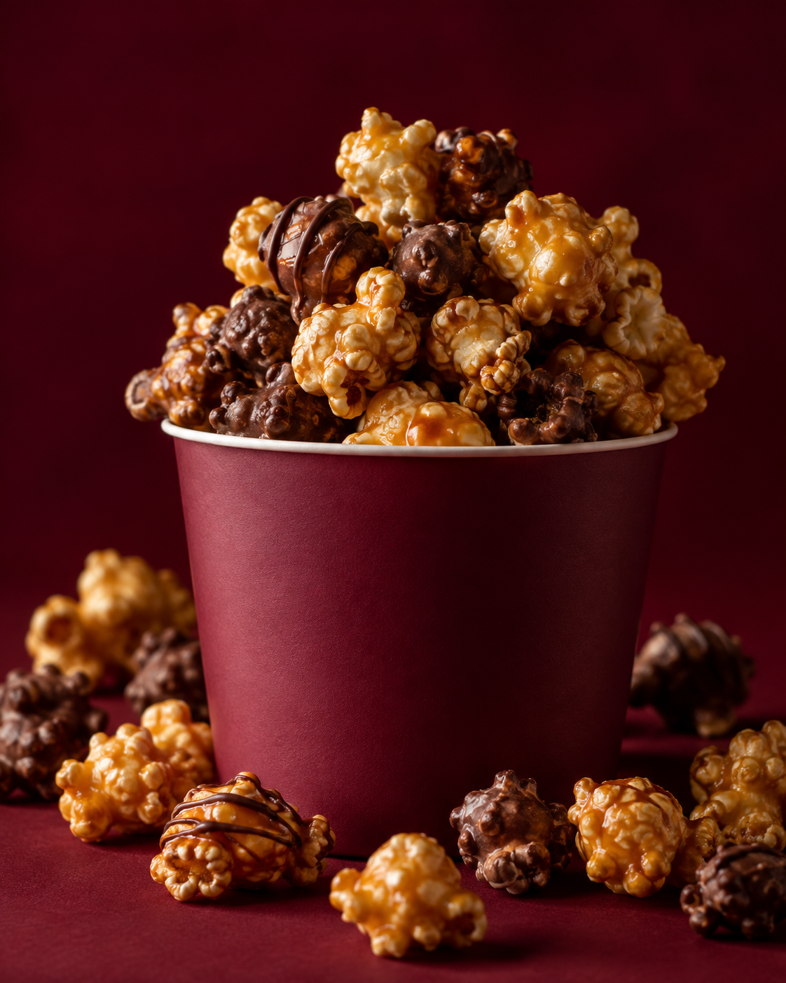 Composição ilustrativa de pipocas gourmet caramelizadas e com chocolate em um copo vinho